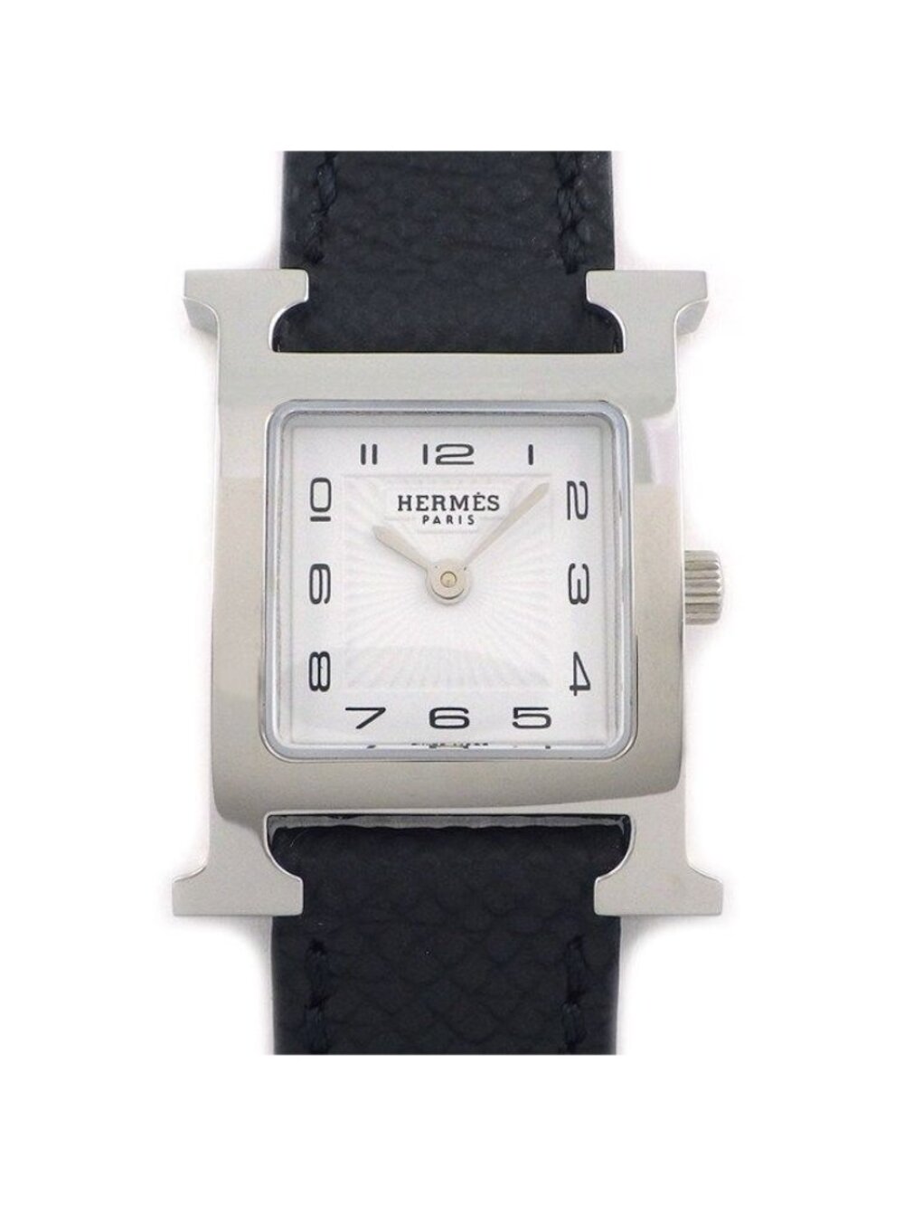 Hermes Watch H Square White Dial Leather Strap SS Quartz Analog